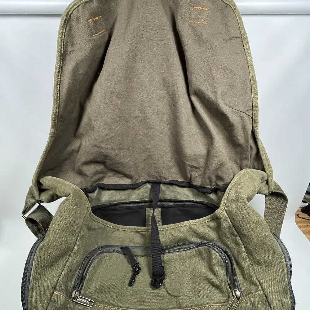 LL BEAN Bag Messenger Laptop Crossbody Paperboy Style Canvas Cotton Green VTG